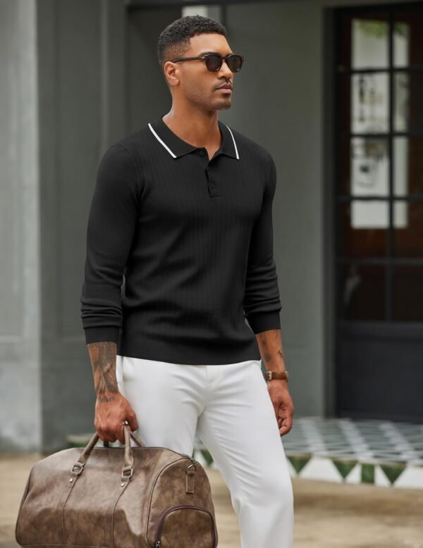 Men's Knit Polo Sweater Casual Long Sleeve Polo Sweater Lightweight Button Down Golf Pullover Sweaters