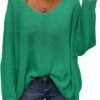Women's V Neck Long Sleeve Knit Loose Oversized Pullover Sweater Top