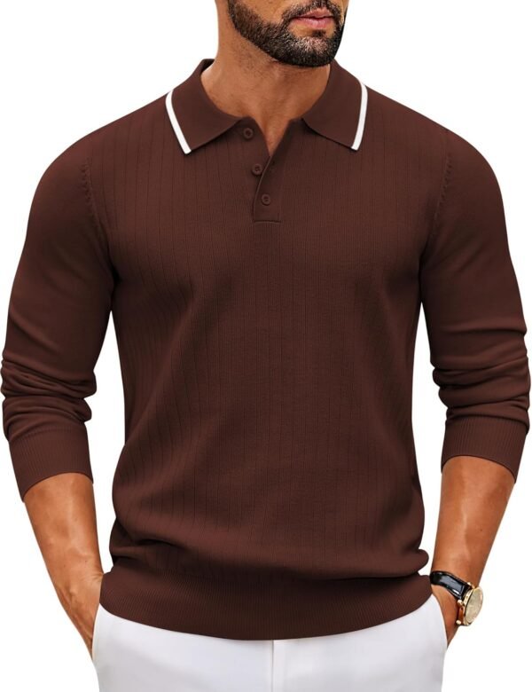 Men's Knit Polo Sweater Casual Long Sleeve Polo Sweater Lightweight Button Down Golf Pullover Sweaters