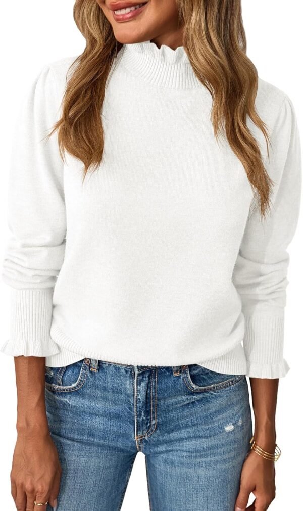 71E545REVYL._AC_SL1500 Womens Ruffle Mock Neck Sweater Puff Long Sleeve Fall Soft Knit Casual Pullover Sweaters Top