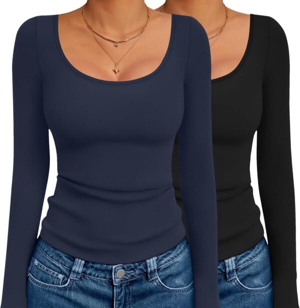 Long Sleeve Shirts for Womens Scoop Neck Tops Slim Fit Undershirts Basic Thermal Tee Shirt