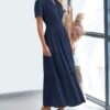 Womens Summer 2025 Casual Midi Maxi Dresses Lightweight Short Sleeve V Neck Elastic Waist Boho Beach Dress Pockets
