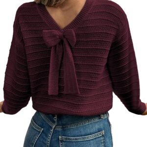 Sweaters for Women Long Sleeve Fall Outfits 2025 Back Bow Knot Sweaters Round Neck Solid Knit Pullover Tops