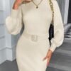 Womens Long Sleeve Mini Sweater Dress Mock Neck Fall Dressy Casual Knit Bodycon Dresses with Belt