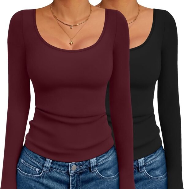 Long Sleeve Shirts for Womens Scoop Neck Tops Slim Fit Undershirts Basic Thermal Tee Shirt