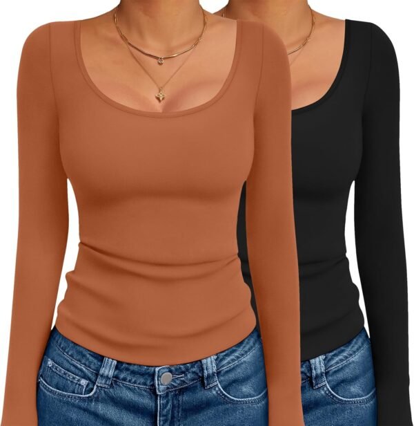Long Sleeve Shirts for Womens Scoop Neck Tops Slim Fit Undershirts Basic Thermal Tee Shirt