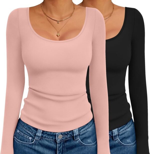 Long Sleeve Shirts for Womens Scoop Neck Tops Slim Fit Undershirts Basic Thermal Tee Shirt
