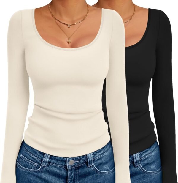 Long Sleeve Shirts for Womens Scoop Neck Tops Slim Fit Undershirts Basic Thermal Tee Shirt