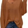 Women's V Neck Long Sleeve Knit Loose Oversized Pullover Sweater Top