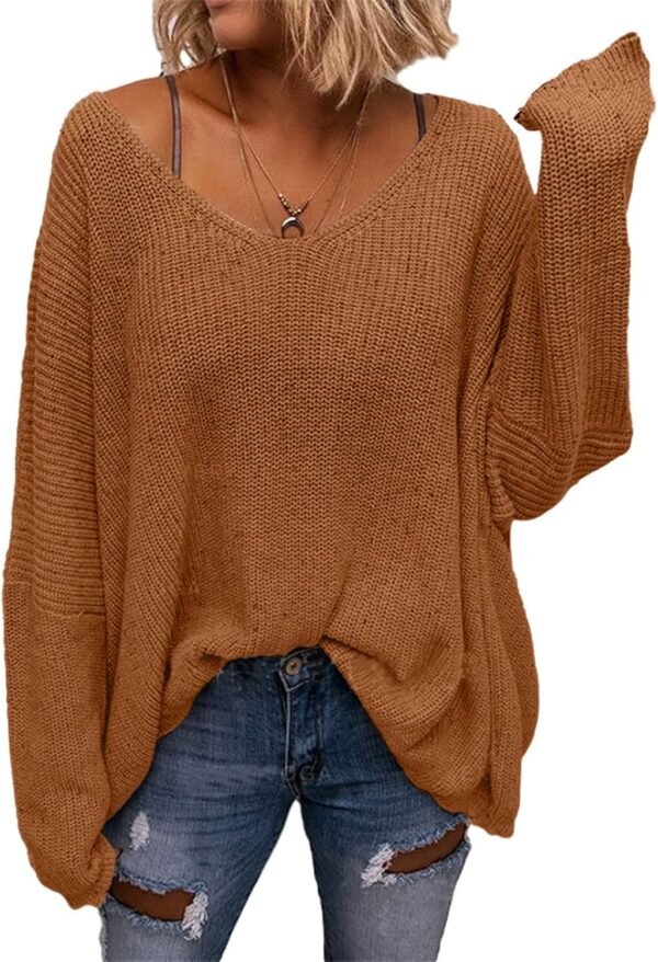 Women's V Neck Long Sleeve Knit Loose Oversized Pullover Sweater Top