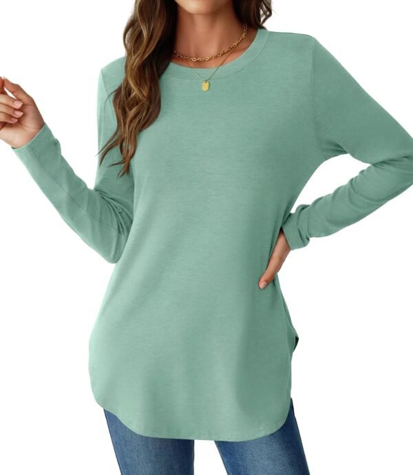 Womens Long Sleeve Shirts Loose Tunic Tops Round Neck Lightweight Side Split Casual 2025 Trendy Basic Tshirts Blouse