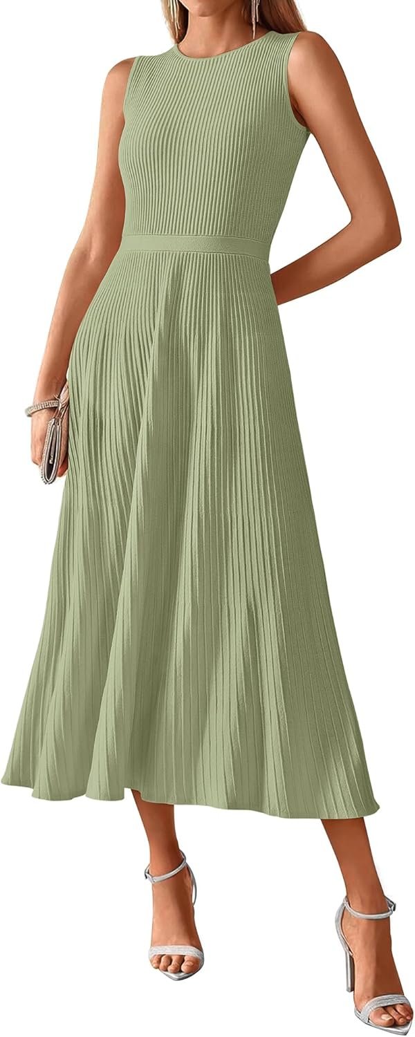 Women Tank Midi Dress Summer Crewneck Sleeveless Pleated A Line Business Casual Formal Sweater Fall Dresses 2025