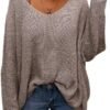 Women's V Neck Long Sleeve Knit Loose Oversized Pullover Sweater Top