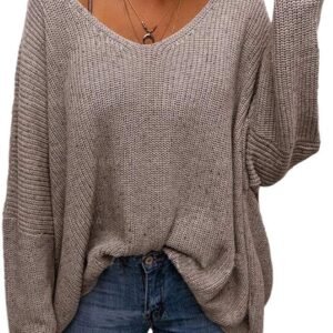 Women's V Neck Long Sleeve Knit Loose Oversized Pullover Sweater Top