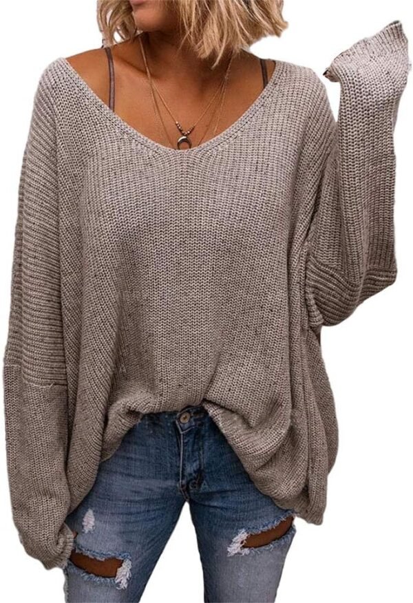 Women's V Neck Long Sleeve Knit Loose Oversized Pullover Sweater Top