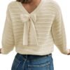 Sweaters for Women Long Sleeve Fall Outfits 2025 Back Bow Knot Sweaters Round Neck Solid Knit Pullover Tops