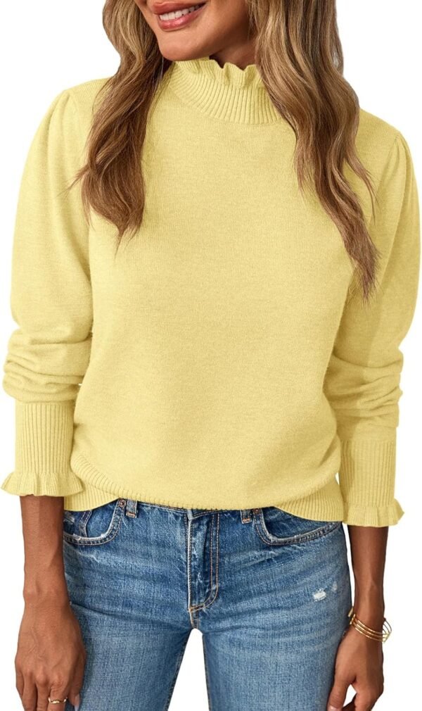 71RoNFppBeL._AC_SL1500 Womens Ruffle Mock Neck Sweater Puff Long Sleeve Fall Soft Knit Casual Pullover Sweaters Top