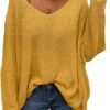 Women's V Neck Long Sleeve Knit Loose Oversized Pullover Sweater Top