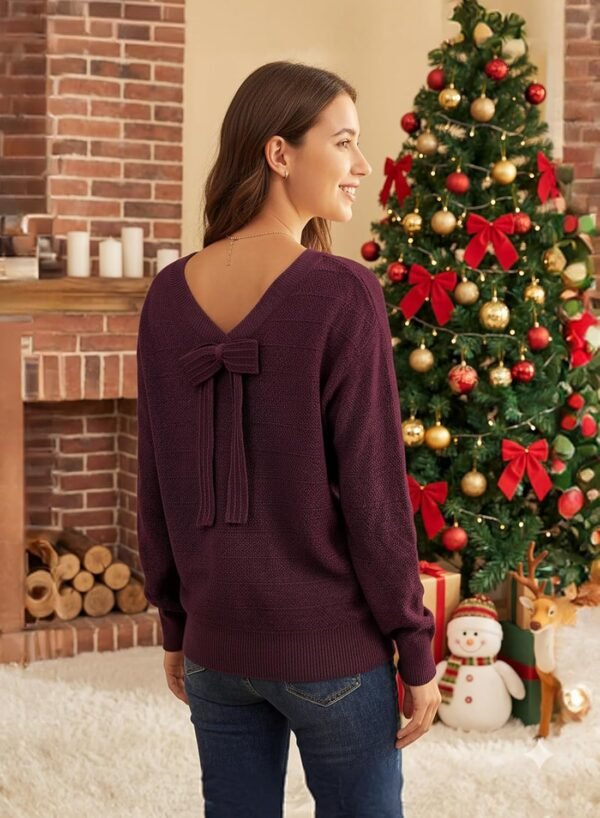 Sweaters for Women Long Sleeve Fall Outfits 2025 Back Bow Knot Sweaters Round Neck Solid Knit Pullover Tops