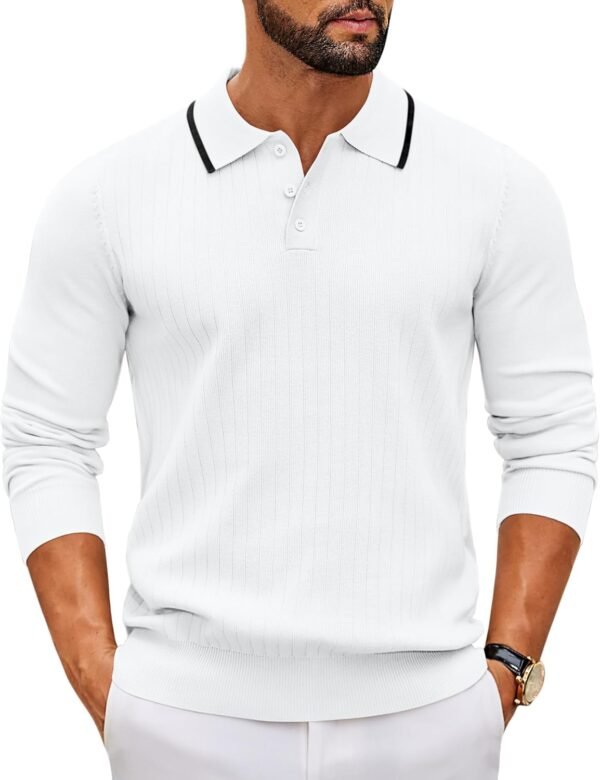 Men's Knit Polo Sweater Casual Long Sleeve Polo Sweater Lightweight Button Down Golf Pullover Sweaters