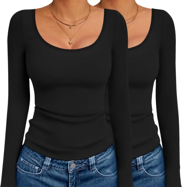 Long Sleeve Shirts for Womens Scoop Neck Tops Slim Fit Undershirts Basic Thermal Tee Shirt