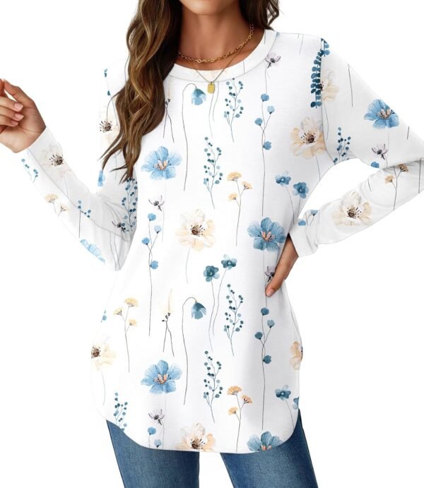 Womens Long Sleeve Shirts Loose Tunic Tops Round Neck Lightweight Side Split Casual 2025 Trendy Basic Tshirts Blouse