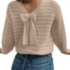 Sweaters for Women Long Sleeve Fall Outfits 2025 Back Bow Knot Sweaters Round Neck Solid Knit Pullover Tops
