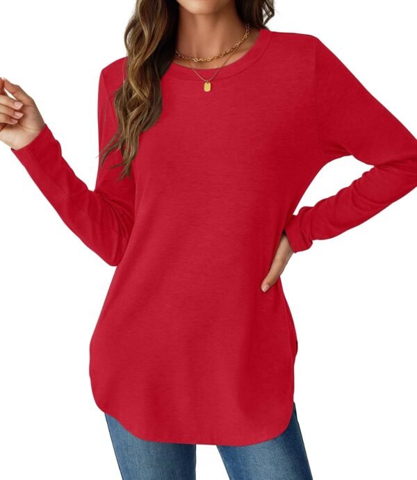 Womens Long Sleeve Shirts Loose Tunic Tops Round Neck Lightweight Side Split Casual 2025 Trendy Basic Tshirts Blouse