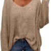 Women's V Neck Long Sleeve Knit Loose Oversized Pullover Sweater Top
