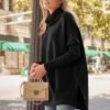 Women's Turtleneck Oversized Sweaters Long Batwing Sleeve Spilt Hem Tunic Pullover Knit Tops