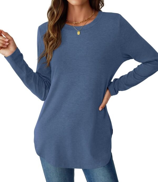 Womens Long Sleeve Shirts Loose Tunic Tops Round Neck Lightweight Side Split Casual 2025 Trendy Basic Tshirts Blouse