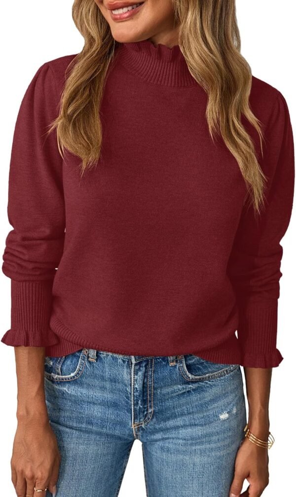 71jgl1KSz2L._AC_SL1500 Womens Ruffle Mock Neck Sweater Puff Long Sleeve Fall Soft Knit Casual Pullover Sweaters Top