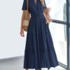 Womens Summer 2025 Casual Midi Maxi Dresses Lightweight Short Sleeve V Neck Elastic Waist Boho Beach Dress Pockets