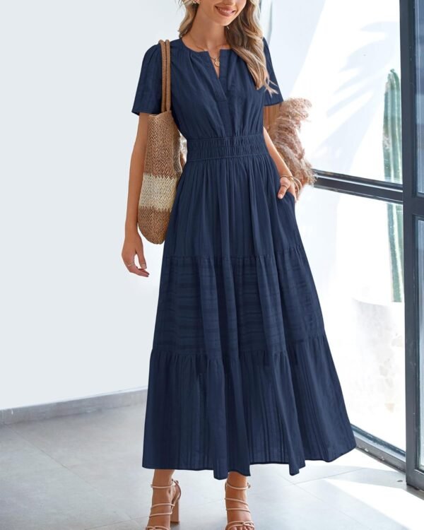 Womens Summer 2025 Casual Midi Maxi Dresses Lightweight Short Sleeve V Neck Elastic Waist Boho Beach Dress Pockets