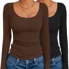 Long Sleeve Shirts for Womens Scoop Neck Tops Slim Fit Undershirts Basic Thermal Tee Shirt
