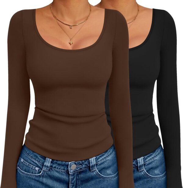 Long Sleeve Shirts for Womens Scoop Neck Tops Slim Fit Undershirts Basic Thermal Tee Shirt