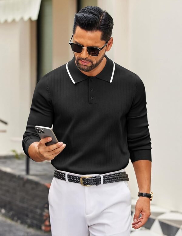Men's Knit Polo Sweater Casual Long Sleeve Polo Sweater Lightweight Button Down Golf Pullover Sweaters
