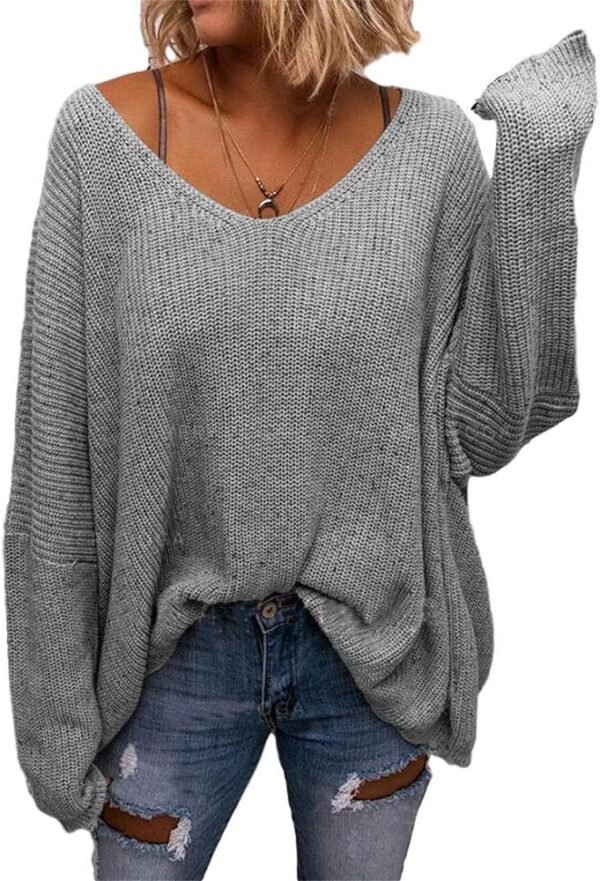 Women's V Neck Long Sleeve Knit Loose Oversized Pullover Sweater Top