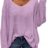 Women's V Neck Long Sleeve Knit Loose Oversized Pullover Sweater Top