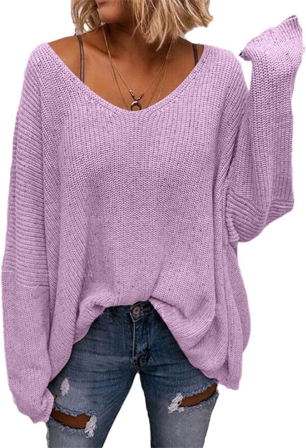 Women's V Neck Long Sleeve Knit Loose Oversized Pullover Sweater Top