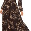 Women's Floral Boho Long Sleeve Maxi Dress V Neck Empire Waist Swing Flowy Wedding Guest Dress