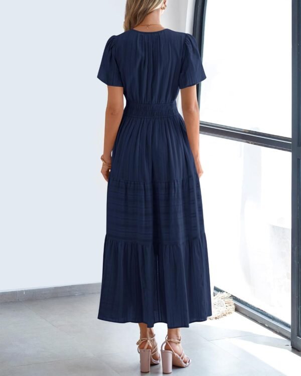 Womens Summer 2025 Casual Midi Maxi Dresses Lightweight Short Sleeve V Neck Elastic Waist Boho Beach Dress Pockets
