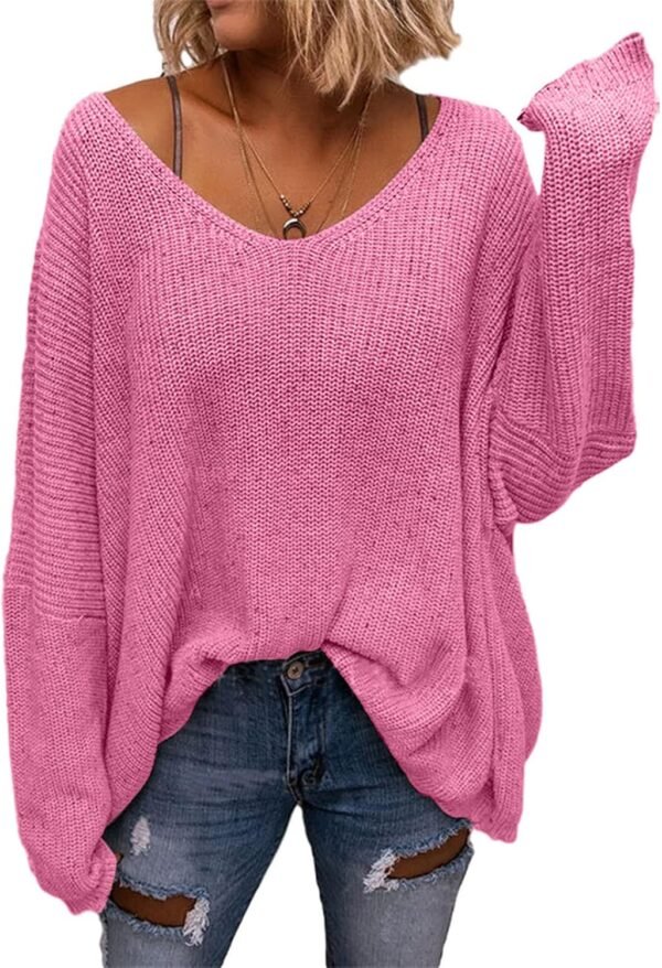 Women's V Neck Long Sleeve Knit Loose Oversized Pullover Sweater Top