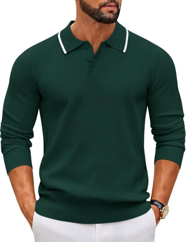 Men's Knit Polo Sweater Casual Long Sleeve Polo Sweater Lightweight Button Down Golf Pullover Sweaters