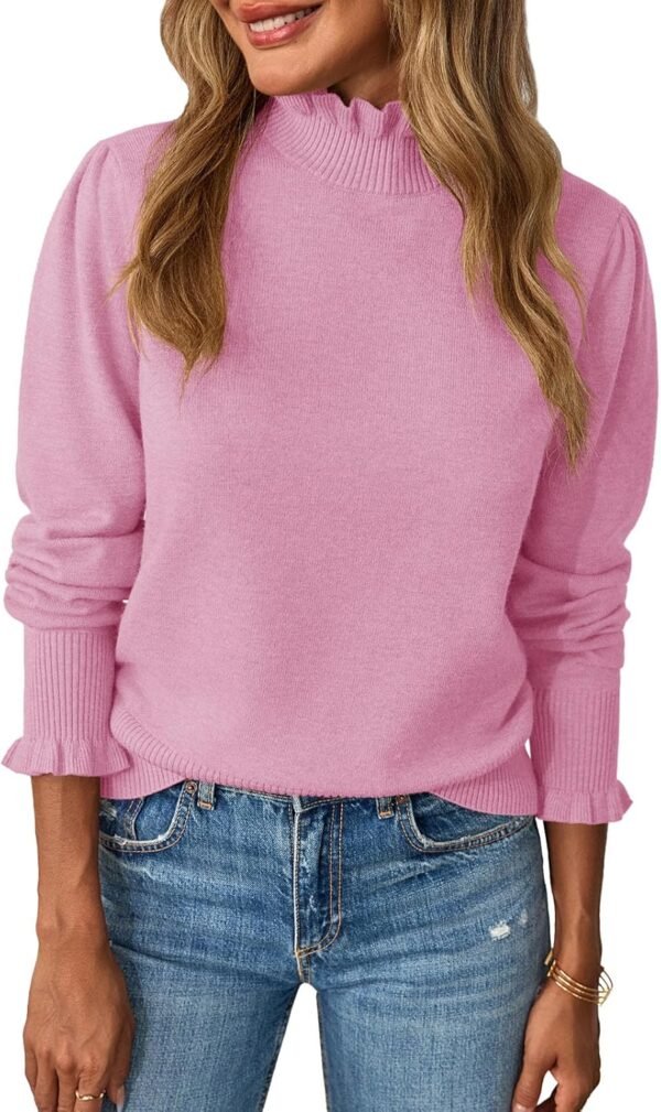 71w8DbAgiPL._AC_SL1500 Womens Ruffle Mock Neck Sweater Puff Long Sleeve Fall Soft Knit Casual Pullover Sweaters Top