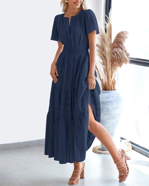Womens Summer 2025 Casual Midi Maxi Dresses Lightweight Short Sleeve V Neck Elastic Waist Boho Beach Dress Pockets