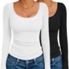 Long Sleeve Shirts for Womens Scoop Neck Tops Slim Fit Undershirts Basic Thermal Tee Shirt