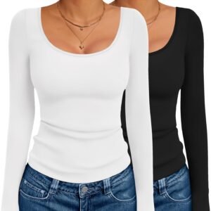 Long Sleeve Shirts for Womens Scoop Neck Tops Slim Fit Undershirts Basic Thermal Tee Shirt