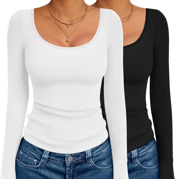 Long Sleeve Shirts for Womens Scoop Neck Tops Slim Fit Undershirts Basic Thermal Tee Shirt