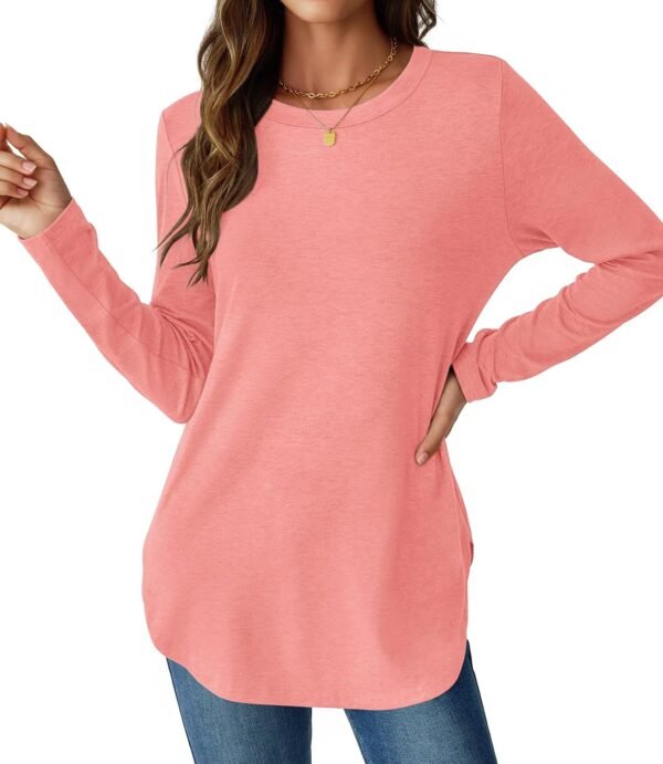 Womens Long Sleeve Shirts Loose Tunic Tops Round Neck Lightweight Side Split Casual 2025 Trendy Basic Tshirts Blouse